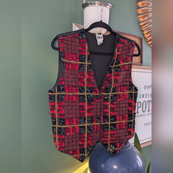 Vintage 70s 80s Theo Black & Red Plaid Heavily Sequined Vest Adult Small Beads - Picture 1 of 8